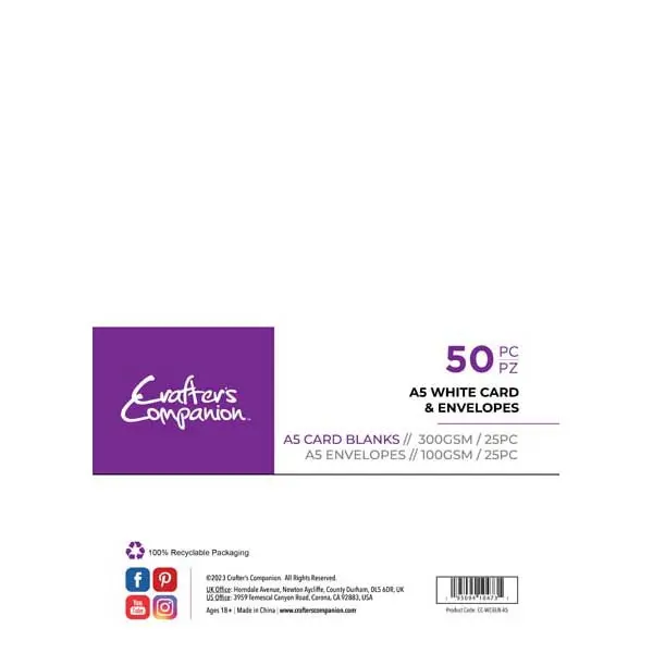 Crafter's Companion A5 Card Blanks & Envelopes White 300 GSM Pack of 25