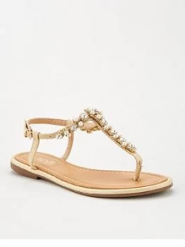 Wallis Pearl Trim T-Bar Flat Sandal - Gold, Size 5, Women
