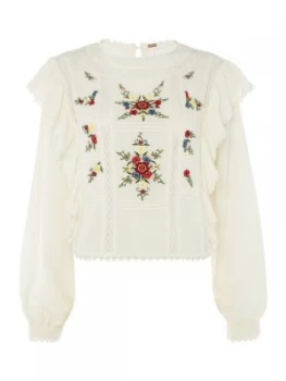 Free People The Amy Embroidered Pannel Top with Ruffle Detail Cream
