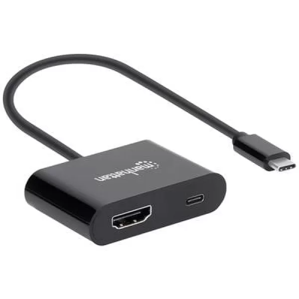 Manhattan USB 2.0 Adapter [1x USB-C plug - 1x HDMI socket, USB-C socket (Power Delivery)] 153416 Duplex use connector, incl. charger jack
