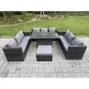10 Seater Rattan Garden Furniture Sofa Set Outdoor Adjustable Rising Lifting Dining Table Set with Big Footstool Dark Grey Mixed - Fimous