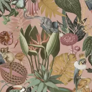 Holden Decor - Holden Wonderland Jungle Floral Birds Exotic Blush Sage Green Smooth Wallpaper