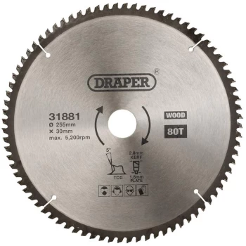 31881 TCT Triple Chip Grind Circular Saw Blade 255 x 30mm 80T - Draper