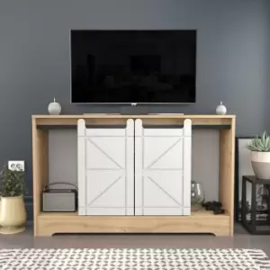 Decorotika - Ahris Barndoor Style tv Unit, tv Stand With Multiple Shelves,Sliding Door tv Cabinet- Sapphire Oak Pattern And White