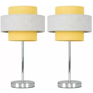 Minisun - 2 x Chrome Touch Table Lamps - Mustard & Grey Herringbone - No Bulb