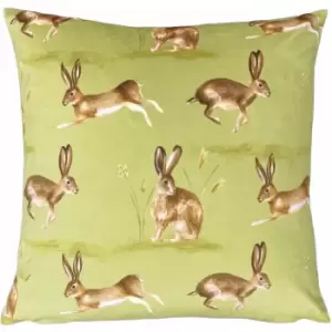 Country Running Hares Print Cushion Cover, Sage, 43 x 43cm - Evans Lichfield