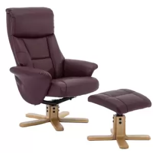 Teknik Montreal Recliner with a Swivel Recline Function, Natural Wood Five Star Base and Matching Footstool - Burgundy PU