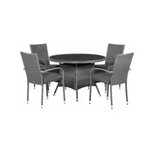 A-mir - MALAGA 4 Seater Stacking Dining Set 110cm Round Table with Black Glass Top, 4 Stacking Chairs including Cushions