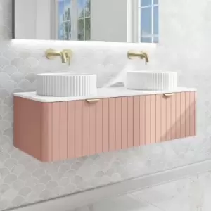 1200mm Pink Wall Hung Countertop Double Vanity Unit with Basins and Brass Handles - Empire