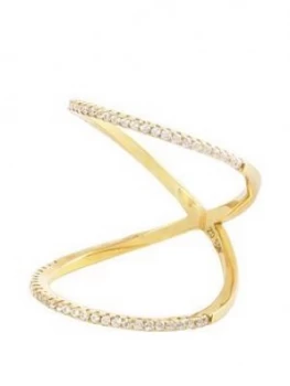 The Love Silver Collection 18ct Gold Plated Silver micro Cubic Zirconia curved double band ring, Gold, Size Small, Women