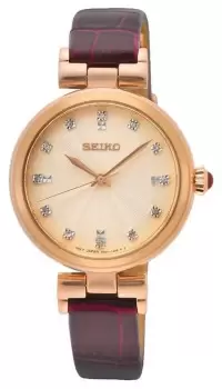 Seiko SRZ548P1 Womens Rose Gold Dial Red Leather Strap Watch