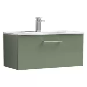 Arno Satin Green 800mm Wall Hung Single Drawer Vanity Unit with 18mm Profile Basin - ARN825B - Satin Green - Nuie