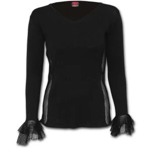 Gothic Elegance Fish-Net Side And Cuff V-Neck Womens Medium Long Sleeve Top - Black