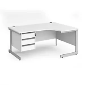 Dams International Right Hand Ergonomic Desk with 3 Lockable Drawers Pedestal and White MFC Top with Silver Frame Cantilever Legs Contract 25 1600 x 1