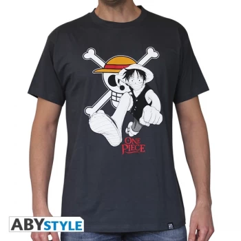 One Piece - Luffy & Emblem Mens Small T-Shirt - Dark Grey