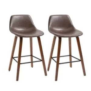 Homcom Counter Height Bar Stools Set Of 2 Mid Back PU Faux Leather With Wood Legs Brown