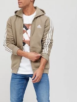adidas 3-Stripe Fleece Zip Hoodie - Khaki, Khaki/White, Size XS, Men