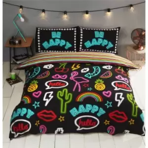 Be Happy Neon Effect with stripe reverse Duvet Cover Bedding Set (Single)