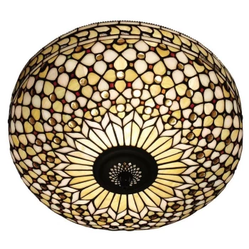 Interiors Mille Feux - 2 Light Large Ceiling Flush Light Dark Bronze, Tiffany Glass, E27