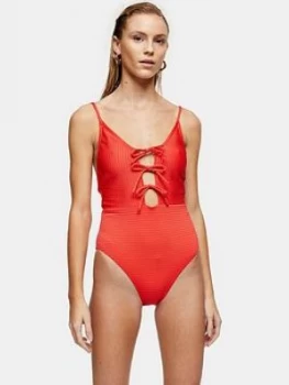 Topshop Seersucker Tie Front Swimsuit - Red, Size 12, Women