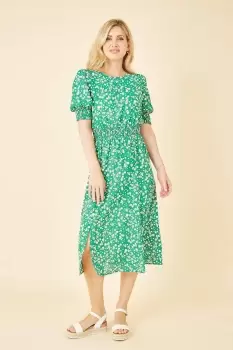 Green Floral Print Ruched Waist Midi Dress