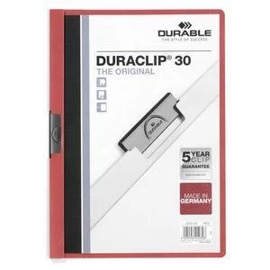 Original Durable Duraclip 30 A4 Folder PVC Plastic 3mm Spine Red 1 x Pack of 25 Folders
