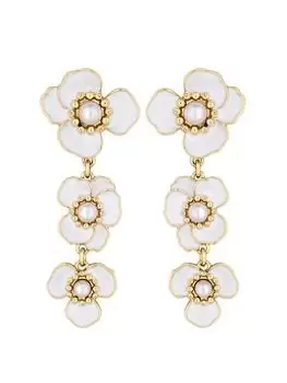 Mood Gold White Enamel Pearl Flower Statement Linear Drop Earrings