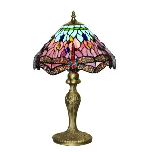 1 Light Table Lamp Antique Brass, Tiffany Glass, Red, Blue, E27