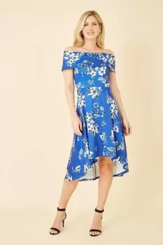 Blue Floral Bardot Dipped Hem Dress