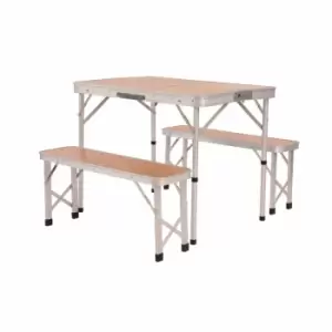 3ft Folding Outdoor Camping Kitchen Wood Effect Work Top Table and Benches - Oypla