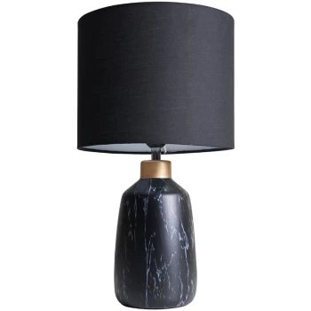 Black Marble Effect Table Lamp With Fabric Drum Lampshade - Black