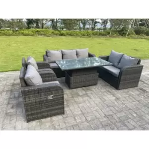 Fimous - Dark Mixed Grey Rattan Outdoor Garden Furniture Lifting Adjustable Dining Or Coffee Table Sets Love Sofa 3 Seater Sofa Reclining Chairs 7