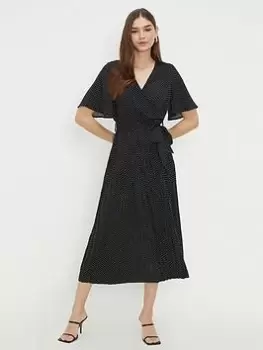 Dorothy Perkins Spot Print Pleated Wrap Midi Dress - Mono, Multi, Size 10, Women