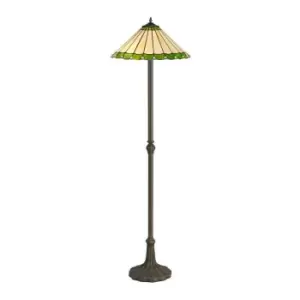 2 Light Leaf Design Floor Lamp E27 With 40cm Tiffany Shade, Green, Crystal, Aged Antique Brass - Luminosa Lighting