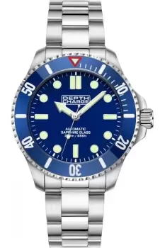 Depth Charge 42mm Stainless Steel Blue Dial Dive Watch, Japanese Automatic, Blue Ceramic Bezel, Sapphire Glass, 200m Water Resistance.