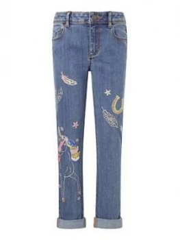 Monsoon Girls Unicorn Embroidered Jean - Blue, Size Age: 5 Years, Women