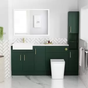1800mm - 2100mm Green Toilet and Sink Unit with Tall Cabinet Marble Effect Worktop and Brushed Brass Fittings - Coniston