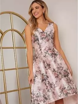 Chi Chi London Sleeveless Floral Print Dip Hem Dress - Pink, Size 12, Women