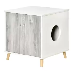 PawHut Cat Litter Box Enclosure Washroom Cave House Decorative End Table Wooden Cabinet Indoor with 2 Magnetic Door Wide Tabletop White