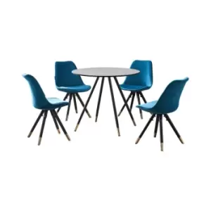 5 Pieces Life Interiors Sofia Dorchester Dining Set - a Grey Round Dining Table and Set of 4 Blue Dining Chairs - Blue