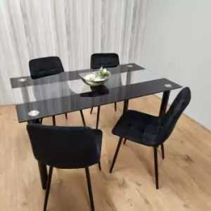 Black Clear Glass Dining Table With 4 Black Tufted Velvet Chairs Kitchen Dining Set