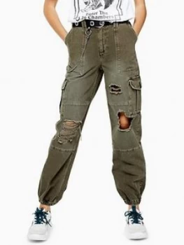 Topshop Ripped Remi Utility Trouser - Khaki, Size 8, Women