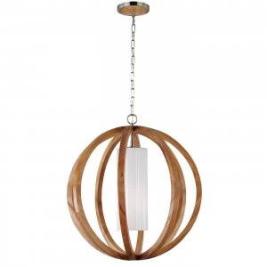 1 Light Large Spherical Cage Ceiling Pendant Brushed Steel, Light wood, E27