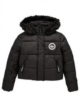 Hype Girls Faux Fur Cropped Padded Jacket - Black, Size 11-12 Years, Women