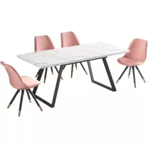 5 Pieces Life Interiors Sofia Toga Dining Set - an Extendable White Rectangular Wooden Dining Table and Set of 4 Pink Dining Chairs - Pink