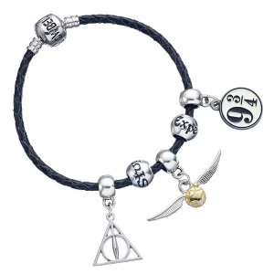 Harry Potter Charm Set- Black Leather Bracelet/Deathly Hallows/Snitch/Platform/2 Spellbeads