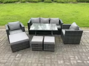 8 Seater Rattan Outdoor Furniture Sofa Garden Dining Set with Dining Table 2 Armchairs 3 Stools Dark Grey