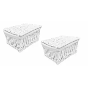 Set of 2 Lidded Wicker Storage Basket With Lining Xmas Hamper Basket [Set of 2 Large 40X30X20 cm,White]