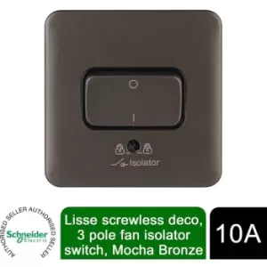 Schneider Electric Lisse Screwless Deco - Single Fan Isolator Switch, 3 Pole, 10AX, GGBL1013BMB, Mocha Bronze with Black Insert