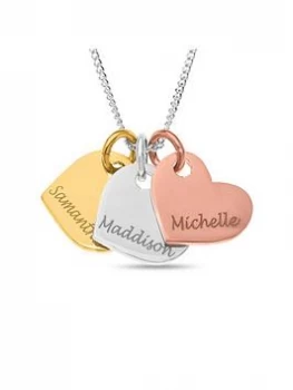 The Love Silver Collection Personalised Gold Plated Sterling Silver Tri-Colour Hearts Pendant Necklace, One Colour, Women